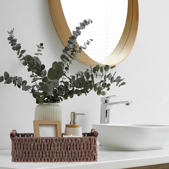 Boao 3 Pcs Boho Storage Wicker Baskets Handmade Woven Decorative Paper Rope Baskets for Organizing with Handle Countertop Toilet Paper Storage Container for Toilet Tank Top(Brown,Rectangle)