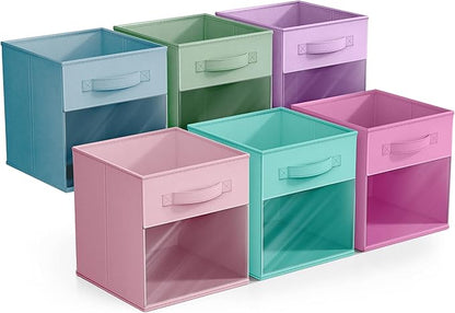 Sorbus 11 Inch Storage Bins with Clear Window - 6 Foldable Baskets for Organizing Clothes, Toys, Books - Sturdy Collapsible Fabric Storage Cubes with Handle - Storage Baskets for Shelves, Closets