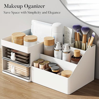 Makeup Organizer, Cosmetic Desk Storage Box with Drawers Skincare Organizers for Dressing Table, Countertop, Bathroom Counter, Vanity Holder for Brushes, Lotions, Lipstick, Perfume (White-Clear)