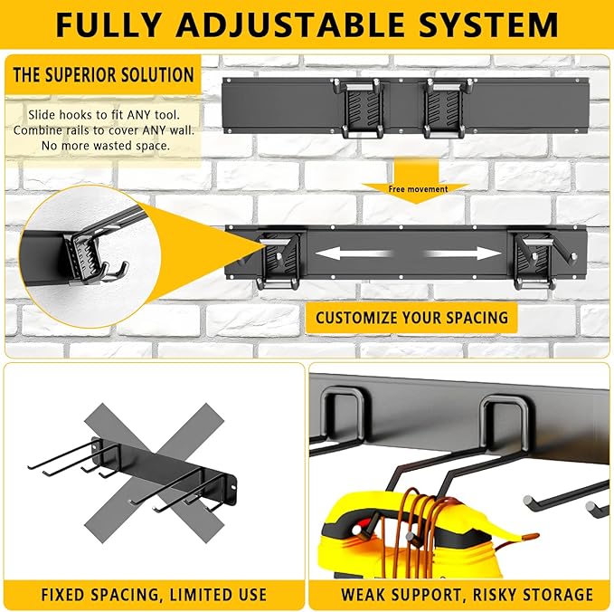 Garage Tool Organizer Wall Mount, 48inch Heavy-Duty Garage Storage System and Garden Tool Organizer with 6 Adjustable Double Hooks for Shovel, Snowboard, Yard Tools and Shed