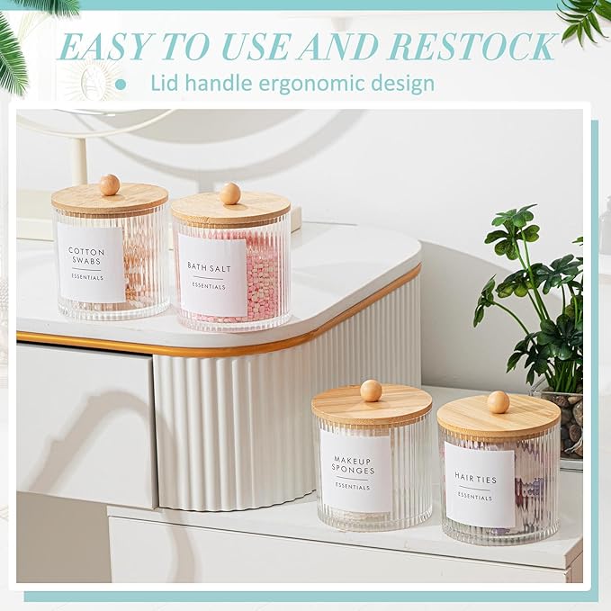 Yaomiao 6 Pcs Ribbed Bathroom Canisters Apothecary Jars with Wood Color Bamboo Lids and Label Stickers, 18 oz Plastic Canister with Fluted Design for Cotton Ball, Swab, Floss Picks House Storage