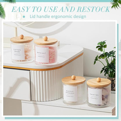 Yaomiao 6 Pcs Ribbed Bathroom Canisters Apothecary Jars with Wood Color Bamboo Lids and Label Stickers, 18 oz Plastic Canister with Fluted Design for Cotton Ball, Swab, Floss Picks House Storage