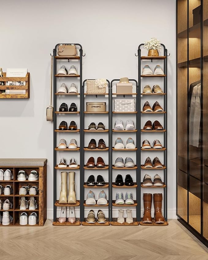 Hzuaneri 10 Tiers Vertical Shoe Rack, Narrow Shoe Tower, Tall Shoes Shelf with 2 Hooks, Adjustable Shelves, Corner Shoes Shelves for Small Spaces, Entryway, Living Room, Rustic Brown SR11201B