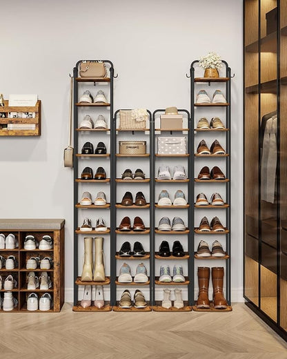 Hzuaneri 10 Tiers Vertical Shoe Rack, Narrow Shoe Tower, Tall Shoes Shelf with 2 Hooks, Adjustable Shelves, Corner Shoes Shelves for Small Spaces, Entryway, Living Room, Rustic Brown SR11201B