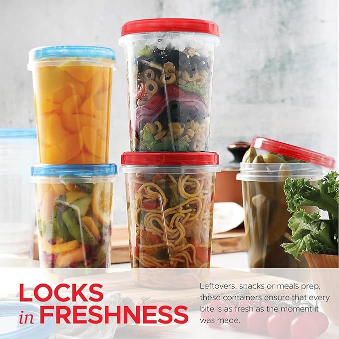 Tafura 10 Pack Leakproof Freezer Containers for Food with Twist Top Lids - 32 Oz BPA Free Reusable Plastic - Blue/Red Lids