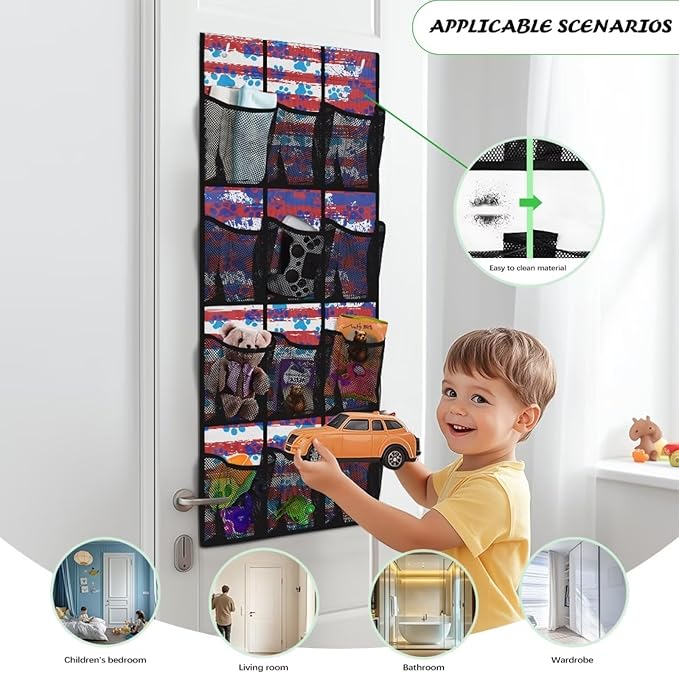 Striped Dog Paws Over the Door Shoe Organizer,Hanging Storage Bags with 12 Mesh Large Pockets,Hanging Shoe Storage Hanging Bag