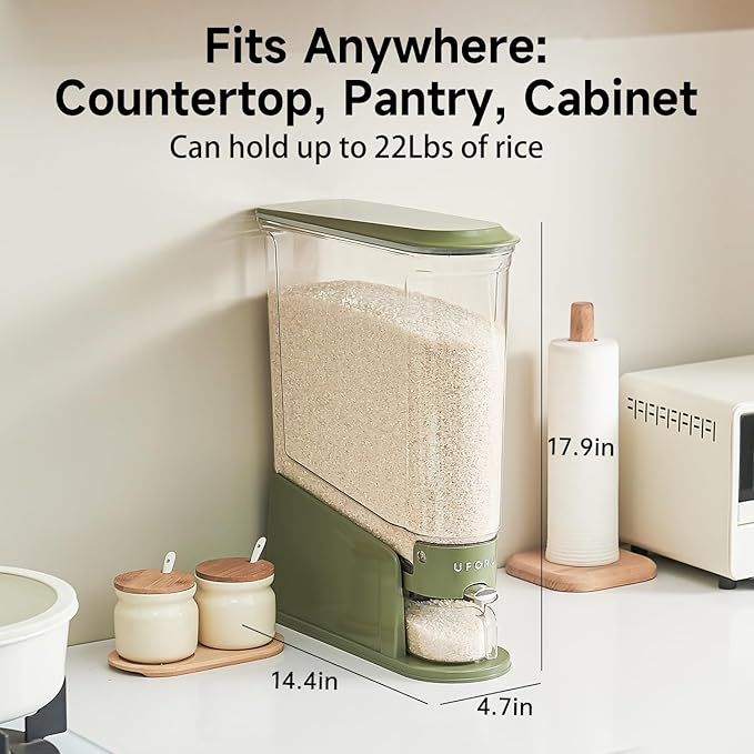 UFORU Rice Dispenser 22Lbs, Slim Rice Storage Container for Small Space, BPA-Free Clear Dry Food Dispenser Sealed Moisture Proof, Grain&Cereal Storage Bucket for Kitchen Pantry Household, Green 22Lbs