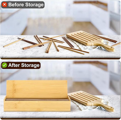 Cabilock Wooden Cutlery Box with Lid, Kitchen Chopsticks Box Utensils Drawer Organizer Bamboo Storage Case Countertop Silverware Container for Tableware