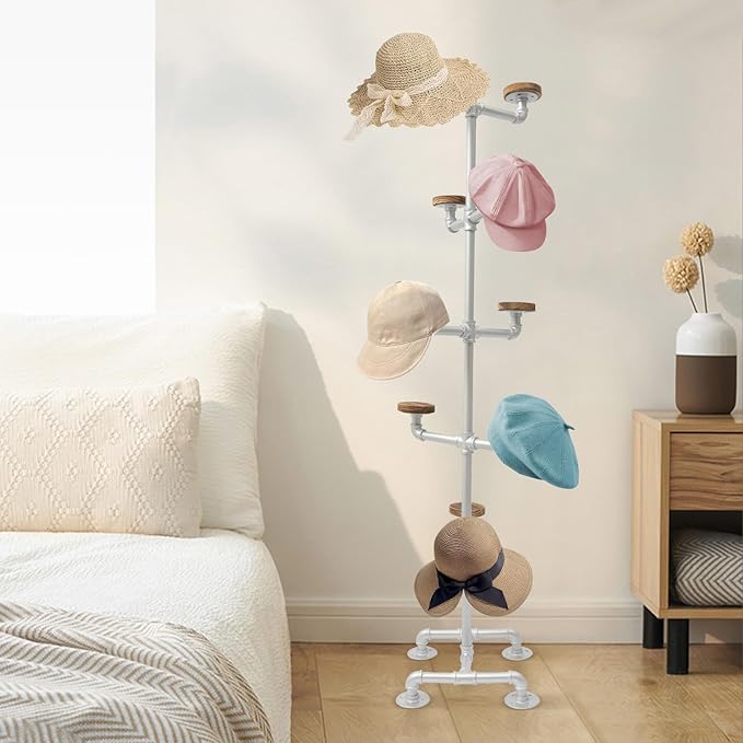 LOYALHEARTDY Industrial Hat Rack Stand, 5 Tier 10 Round Hat Hangers Hat Display Stand Freestanding Hat Organizer Rack Display Stand for Wig, Cap, Baseball Hat (Sliver)