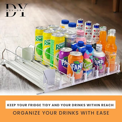 Soda Can Organizer with Automatic Can Pusher | Refrigerator Drink Organizer | Beverage Dispenser for Soda, Cans and Bottles | Space-Saving | Stainless Steel | Adjustable Sizes | 6 Rows