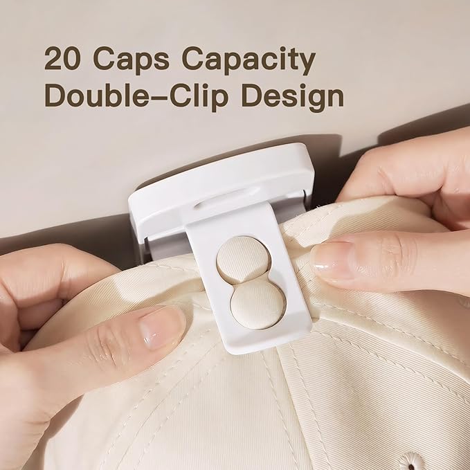 Hat Organizer for Wall, 2 Pack Adhesive Hat Rack for Baseball Caps, No Drilling or Wall Mount Cap Holder with Hooks, Over the Door Hat Storage Organizer for 20 Caps, Closet Storage White