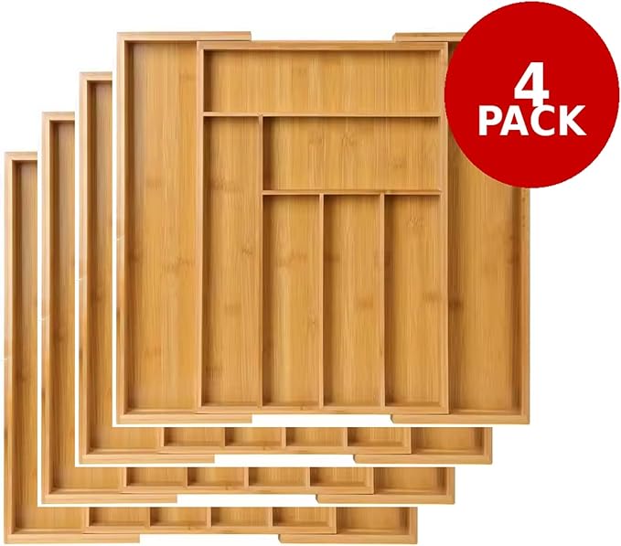 Kitchen Drawer Organizer Expandable Bamboo, Utensil Organizer for Kitchen Drawer, Adjustable Silverware Organizer Tray 13–19.6”, Wooden Cutlery Drawer Organizer, Deep Compartments (4)