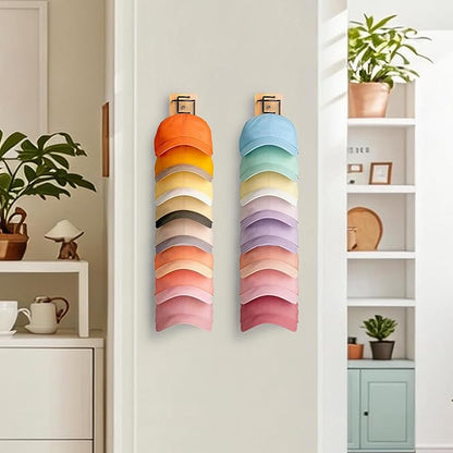 2 Pack Hat Organizer for Baseball Caps, Wood & Metal Hat Rack for Wall, Hat Storage for 22 Caps with Strong Adhesive/Wall Drilled for Door, Wall and Closet (Natural Wood)
