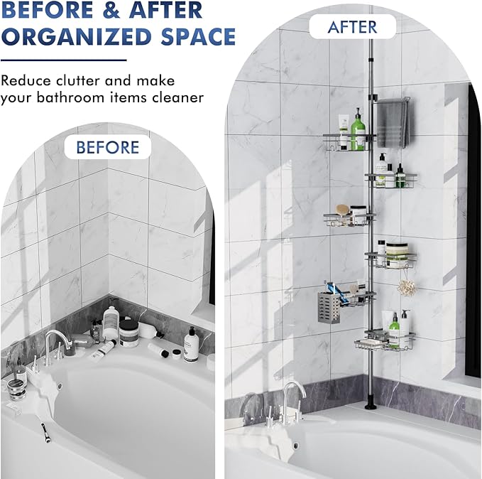 Vatex Corner Shower Caddy Tension Pole,30-120 Inch Adjustable Shower Organizer, 6-Tier Shower Shelves with Towel Rack/Toothbrush Holder/Soap Dish, Bathroom Corner Storage Rust-Resistant