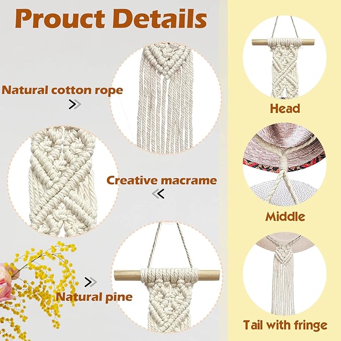 2 Pieces Hat Racks Hat Hangers for Wall, Bohemian Hat Organizer for Wall Hanging Hat Display, Hand Weaving Boho Hat Rack Decorative Cowboy Women Hat Holder for Wide Brim Bowler Fedoras