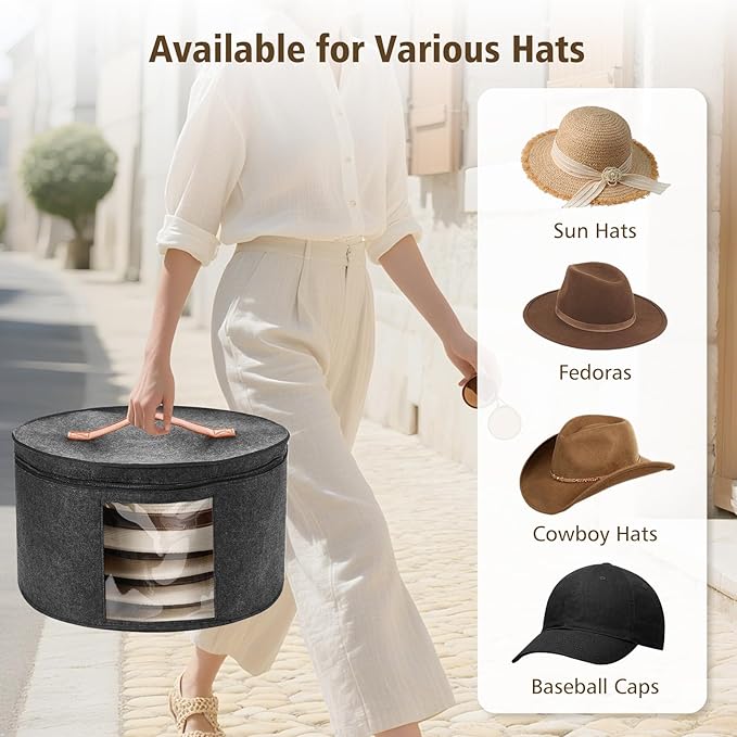 HEAVYWOOD Hat Box for Women Storage Travel Felt Hat Case for Wide-Brim Cowboy Hat Storage Foldable Organizer for Closet Large Round Hat Carrier with Portable Handle (Dark Gray)