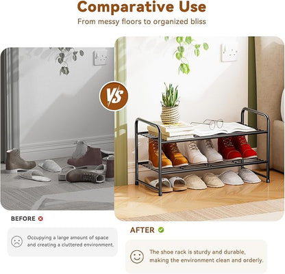 Simple Shoe Rack, 2 Tier Heavy Duty Metal Shoe Shelf 27 Inch Wide, Black