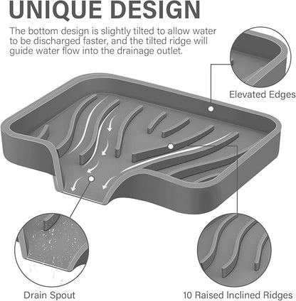 Silicone Soap Dish with Drain, SAISN Kitchen Soap Tray for Shower 2 Pack Self Draining Soap Dish Soft Bathroom Soap Holder for Kitchen Sink Flexible Portable Soap Saver, Grey