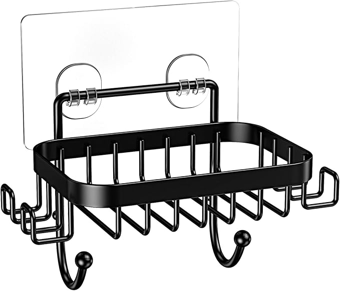 ODesign Soap Dish Holder SUS304 Stainless Steel with 6 Hooks Loofah Bath Sponge Towel Razor Holder for Bathroom Shower Kitchen Adhesive Wall Mounted No Drilling-Black-1 Pack