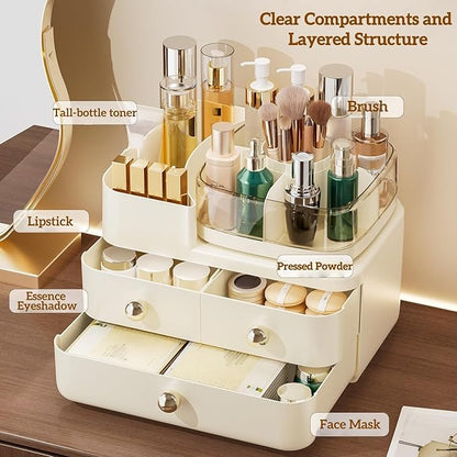 Makeup Organizer with Drawers and 360° Rotating Brush Holder,make up organizers for counter,Large Capacity Cosmetic Storage for Vanity,Skincare,Perfume