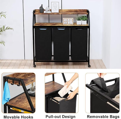 Timberer Laundry Hamper, Laundry Sorter 3 Section, Rolling Laundry Basket with Wheels, 2 Shelves, 3 × 14.5 Gal, Pull-Out and Removable Oxford Fabric Bags, for Laundry Room, Black and Rustic Brown