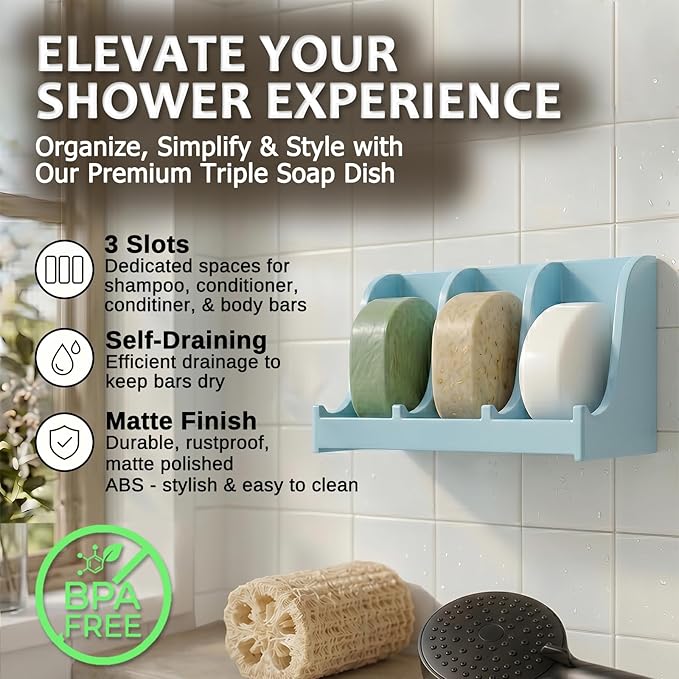 Soap Holder for Shower Wall, 3-Compartment Soap Dish for Shampoo, Conditioner and Body Soap, Fast Draining & Rust-Proof & Heavy Duty, Ultra-Strong Self Adhesive & Freestanding (Light Blue, No Label)