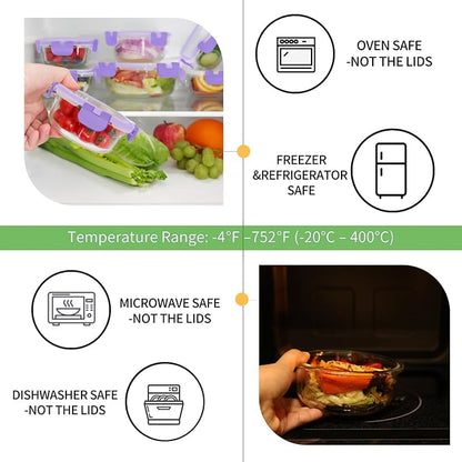 HOMBERKING Glass Food Storage Containers with Lids, 18 Piece Meal Prep Containers, Airtight Lunch Bento Boxes, BPA-Free & Leak Proof (9 Lids & 9 Containers) - Purple
