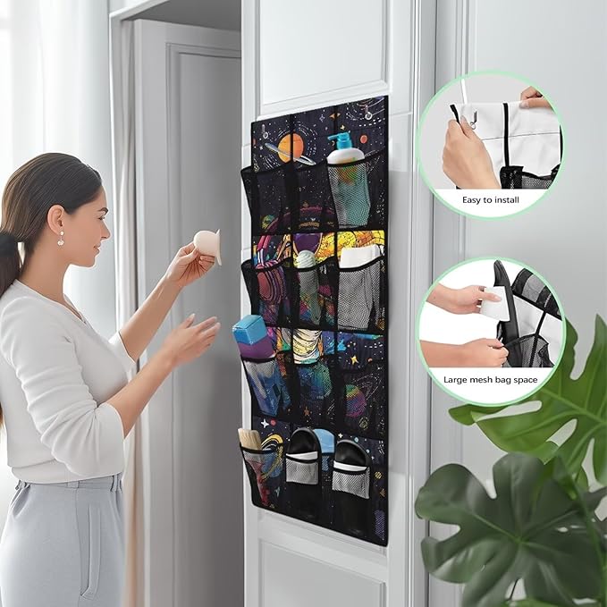 Solar System Dinosaur Over The Door Organizer, 12 Large Pockets Space & Dinosaur Theme Shoe Rack for Kids Room, Educational Decor for Shoes & Toys