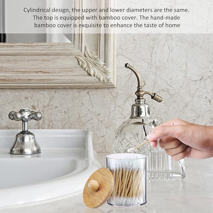 3Pcs Acrylic Qtip Holder Dispenser with Bamboo Lids ClearBathroom Jars with Tray Cotton Swab Storage Dispenser Reusable Bathroom Canisters Swab Ball Holder Dispenser for Makeup Cotton Swab Floss Pick