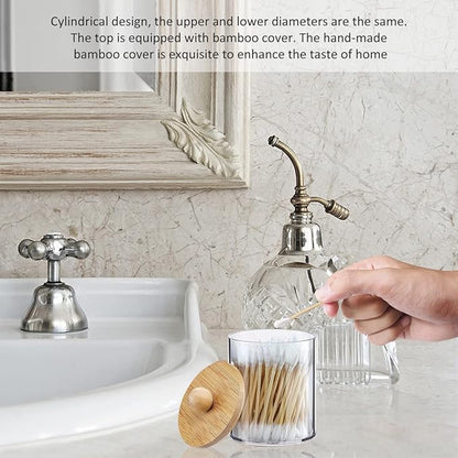 3Pcs Acrylic Qtip Holder Dispenser with Bamboo Lids ClearBathroom Jars with Tray Cotton Swab Storage Dispenser Reusable Bathroom Canisters Swab Ball Holder Dispenser for Makeup Cotton Swab Floss Pick