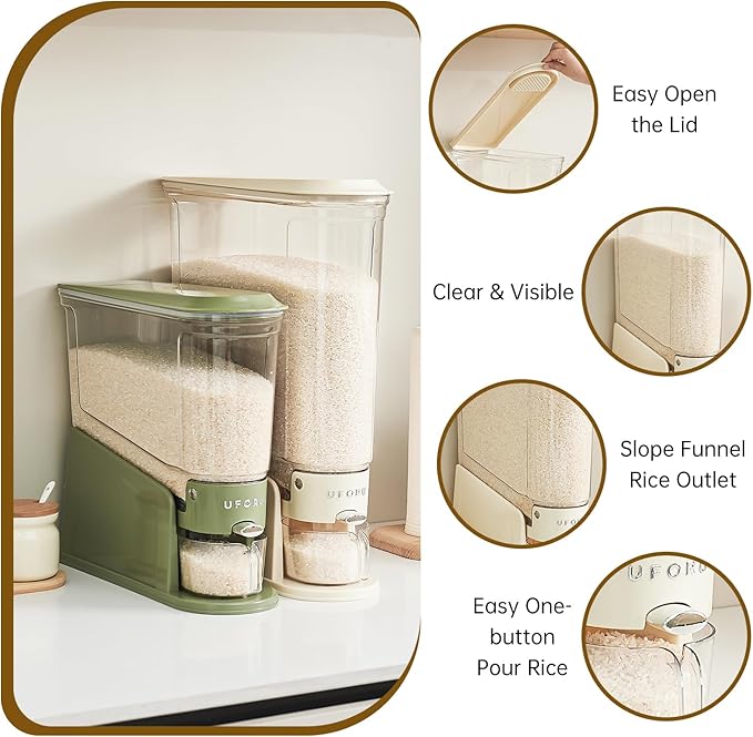 UFORU Rice Dispenser 11Lbs, Slim Rice Storage Container for Small Space, BPA-Free Clear Dry Food Dispenser Sealed Moisture Proof, Grain&Cereal Storage Bucket for Kitchen Pantry Household,Green