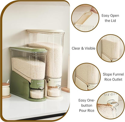 UFORU Rice Dispenser 11Lbs, Slim Rice Storage Container for Small Space, BPA-Free Clear Dry Food Dispenser Sealed Moisture Proof, Grain&Cereal Storage Bucket for Kitchen Pantry Household,Green