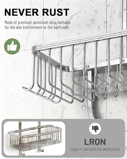 Shower Caddy Hanging - Never Rust Shower Hanging Organizer - Aluminum Over the ShowerHead Caddy with Soap Basket and 6 Hooks for Razor/Sponge (Frosted Silver)