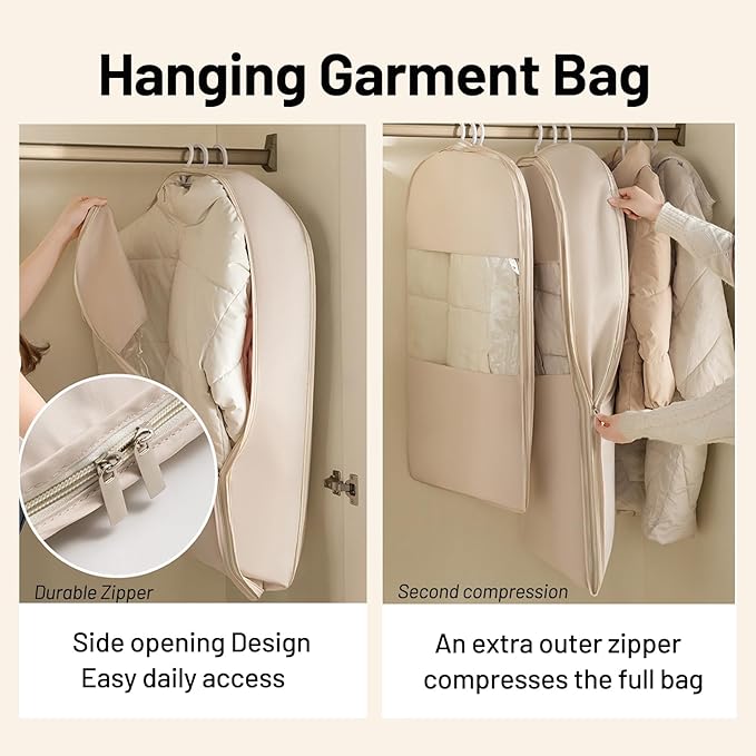 Space Saving Hanging Compression Garment Bag with Zipper for Closet Storage, Hanging Clothes Storage Bag, Garment Covers for Coats and Down Jackets, Beige, XL