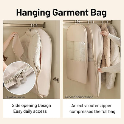 Space Saving Hanging Compression Garment Bag with Zipper for Closet Storage, Hanging Clothes Storage Bag, Garment Covers for Coats and Down Jackets, Beige, XL