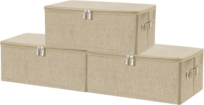 ANMINY 3PCS Storage Bins with Zipper Lids 13 Qt Lidded Fabric Storage Boxes Baskets Cubes with Handles Collapsible Washable Cotton Linen Closet Shelf Clothes Organizer Containers - Beige, Small