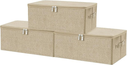 ANMINY 3PCS Storage Bins with Zipper Lids 13 Qt Lidded Fabric Storage Boxes Baskets Cubes with Handles Collapsible Washable Cotton Linen Closet Shelf Clothes Organizer Containers - Beige, Small