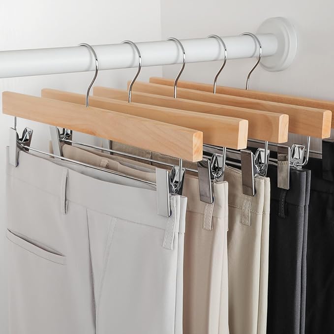 TOPIA HANGER Lotus Wood Pants Hangers, Unfinished Wooden Skirt Short Jeans Trouser Hanger with 360° Swivel Hook Anti Rust 2 Adjustable Clips, 20 Pack, CT10PN20