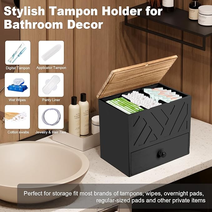 Tampon Holder for Bathroom, Feminine Product Organizer with Lid and Drawer, Wooden Shark Week Pad Storage, Tampon Organizer for Toilet Tank Countertop Decor, Girl Stuff Box Toilet Bathroom Accessories