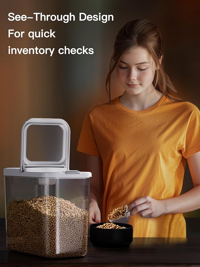 LivLab Mker 20-25 lbs Rice Dispenser with measuring spoon - 11.4Qt/12L Large Airtight Food Storage Rice Container for Cereal, Flour - BPA-Free PET, Slim Space-Saving