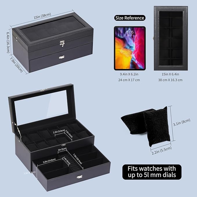 AUTOARK Leather & Velvet 12 Watch Box Jewelry Case and 6 Piece Sunglass Eyeglasses Organizer,2 Layers with 1 Drawer,Lockable,Large Glass Top,Black,MKAW039
