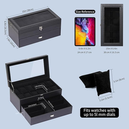AUTOARK Leather & Velvet 12 Watch Box Jewelry Case and 6 Piece Sunglass Eyeglasses Organizer,2 Layers with 1 Drawer,Lockable,Large Glass Top,Black,MKAW039