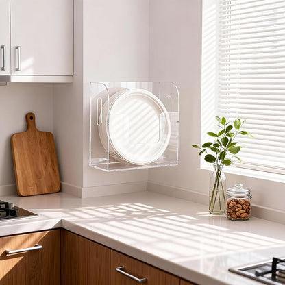 Acrylic Paper Plate Dispenser Wall Mounted, Paper Plate Organizer in Cabinet, Disposable Plate Storage Holder for Kitchen Countertop or Outdoor Picnics Party, Provide Adhesive Strip & Mounting Screws