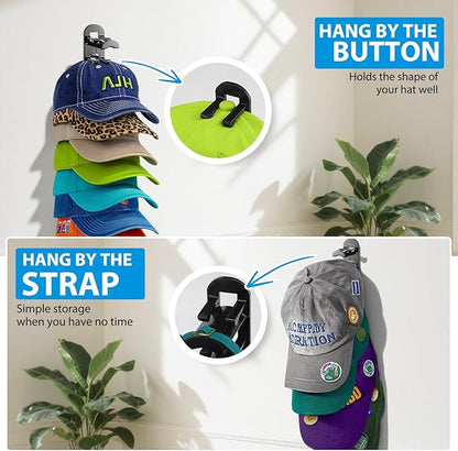 4 Pack Hat Organizer Hat Hook for Wall,Hold up to 40 Hats,Hat Holder with Strong Adhesive and Screws,Cap Holder Hat Hangers for Wall Closet Door and Bedroom(B-Black,4pcs)
