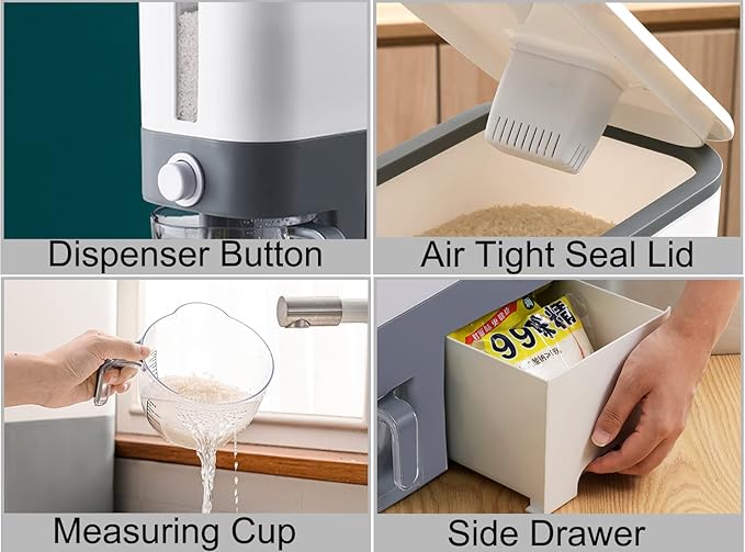 Sooyee 23 Lbs Rice Dispenser with Measuring Cup and One Drawer Food Storage Containers for Rice, Corn,Soybean & Oatmeal,Airtight, Moisture Proof