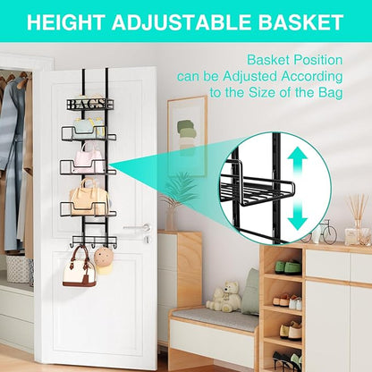 HapiRm Over Door Purse Organizer - Adjustable Purse Storage Rack with Bags Design Metal Basket, Wall Mounted Handbag Organizer, Hanging Handbag Holder, Can Use As 1/2 Part Detachable