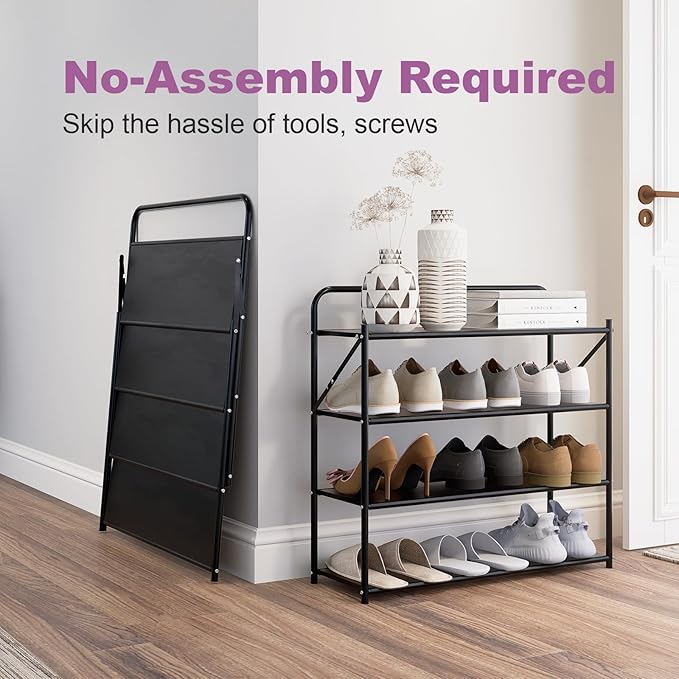 4 Tier No-Assembly Shoe Rack, Foldable Shoes Rack Organizer Without Installation, Portable Solid Metal Shoe Shelves for Closet, Entryway, Front Door Entrance