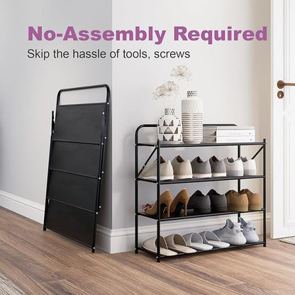 4 Tier No-Assembly Shoe Rack, Foldable Shoes Rack Organizer Without Installation, Portable Solid Metal Shoe Shelves for Closet, Entryway, Front Door Entrance