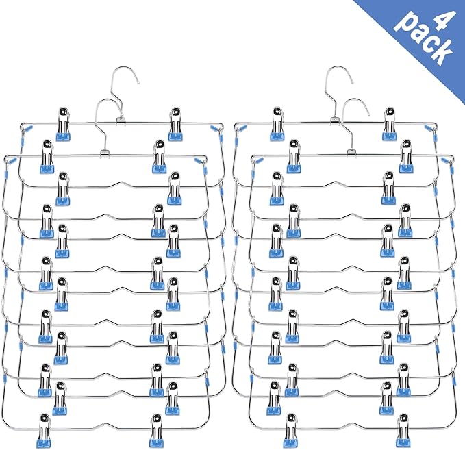 Skirt Pants Hangers with Clips,6Tier Skirt Hangers Space Saving,Metal Multi Pants Hangers and Storage Multi Clothes Shorts Hanger Organization,Space Saving Hangers with Clips (Blue, 4-Piece Set)