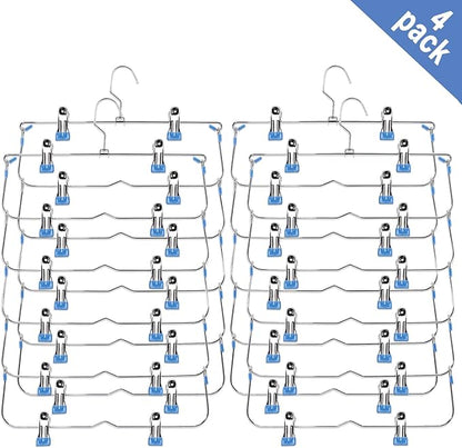 Skirt Pants Hangers with Clips,6Tier Skirt Hangers Space Saving,Metal Multi Pants Hangers and Storage Multi Clothes Shorts Hanger Organization,Space Saving Hangers with Clips (Blue, 4-Piece Set)